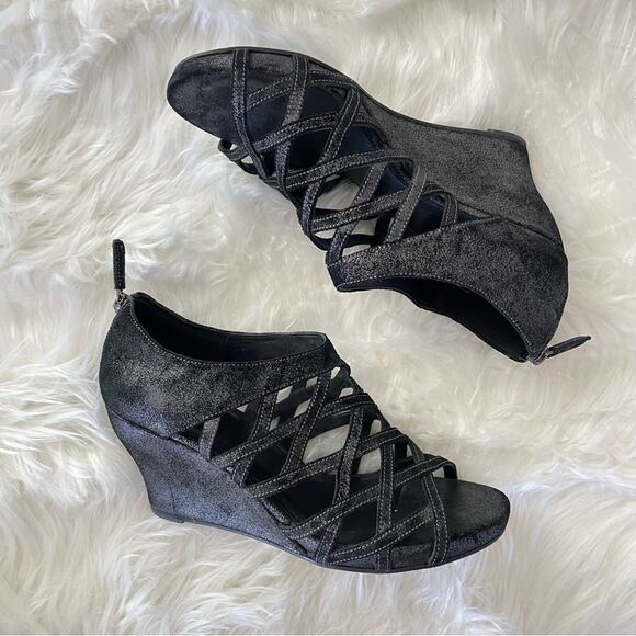 Eileen Fisher | Women’s Black Metallic Silver Fara Cage Open Toe Wedge Sandals 9 - Picture 2 of 9